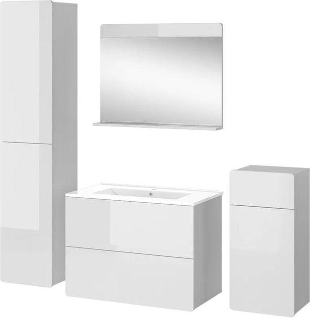 Vicco Badmöbel-Set Izan in Weiß Hochglanz bestehend aus 5 Teilen mit Waschtischunterschrank, Waschbecken aus Keramik, Badspiegel, Midischrank und Hochschrank - Bild 2