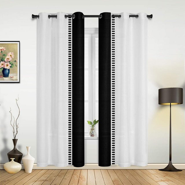 Moderne halbtransparente Vorhänge von Household supplies MH mit blauem Streifenmuster in Weiß, Breite: 135 cm, Höhe: 137 cm - Bild 1