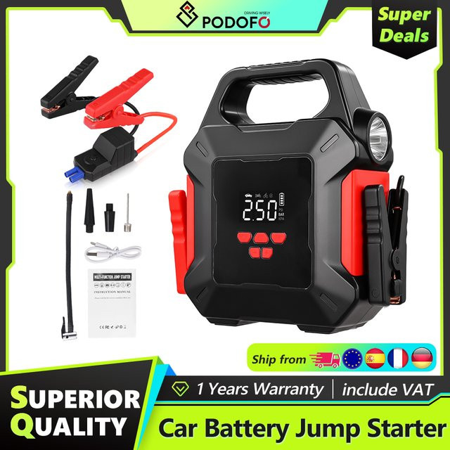 Podofo 5-in-1 Auto-Starthilfe Powerbank mit 16000mAh und tragbarem Luftkompressor zum Reifenfüller und Batterie-Notfall-Booster in Schwarz und Braun - Bild 1