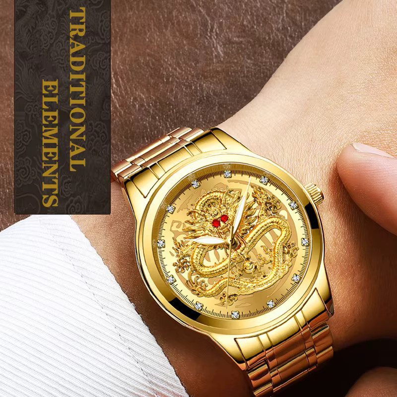 FNGEEN Armbanduhr Quarz, Gold, Drachen Muster, Leuchtzeiger, Herren - Bild 4