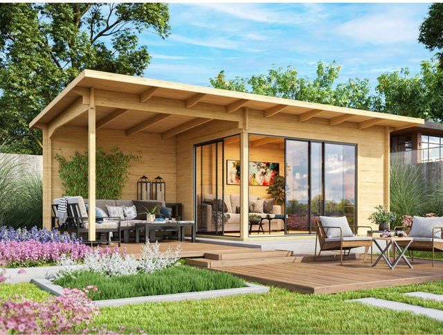 Fjordholz Gartenhaus Modell Starla 44 D mit Einfachverglasung in Grau, imprägniertes Blockhaus mit Pultdach - Bild 1