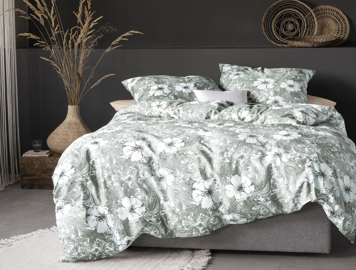 Irisette Sky Mako-Satin Bettwäsche Paisley Blüten in Oliv Grün, B/H: 155 x 220 cm mit Kissenbezug 80 x 80 cm - Bild 1