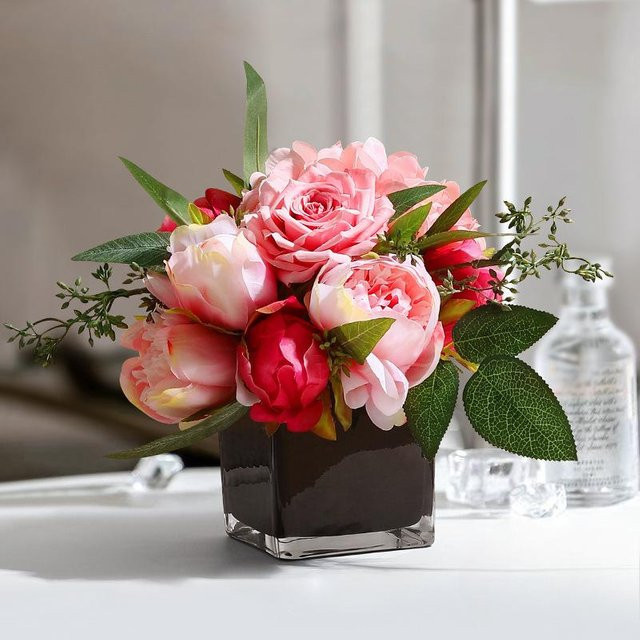 Yiran Furniture Kunstblume Peonie in Pink und Grün mit Glasvase für moderne Dekoration - Bild 1