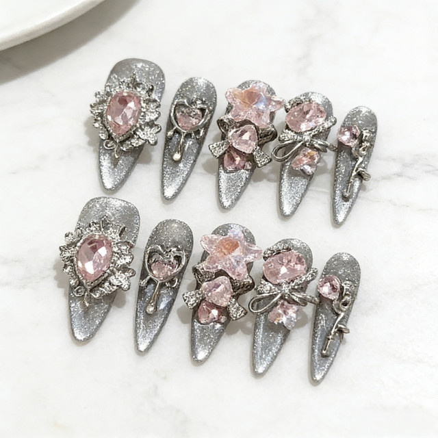 Stylebon Press-on-Nägel, 10 Stück, transparent, schwarz, silber, Cat-Eye-Effekt, rosa Diamant, lang, spitz - Bild 1