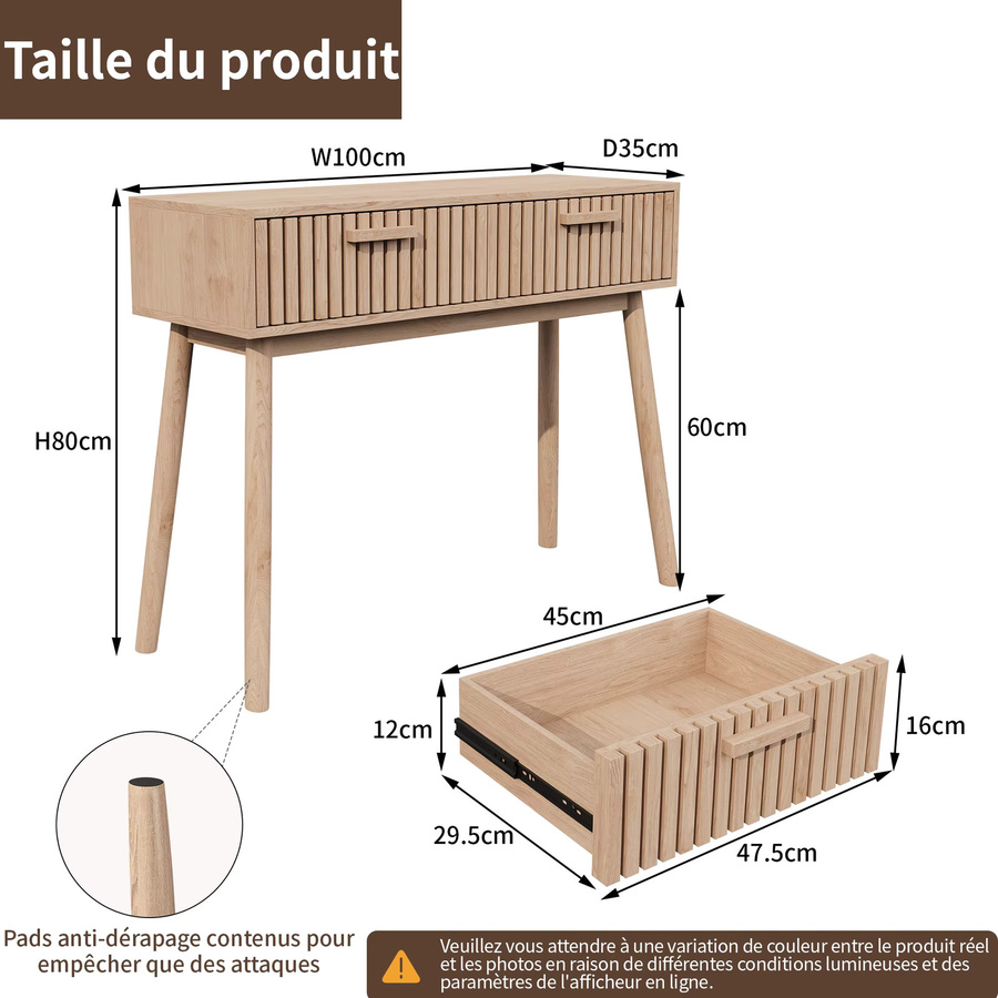 Comanlai Beistelltisch aus Holz mit 2 Schubladen und Tischecken, Naturfarben, B/T/H: 100 x 35 x 80 cm - Bild 3