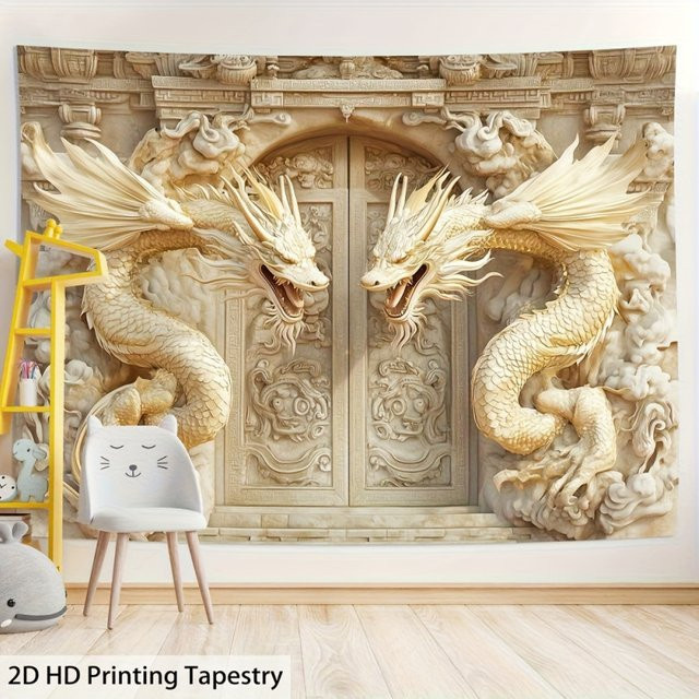VIKAMA 3D-Wandteppich mit goldenem Drachenkorridor im orientalischen Stil als dekorative Wandgestaltung - Bild 1