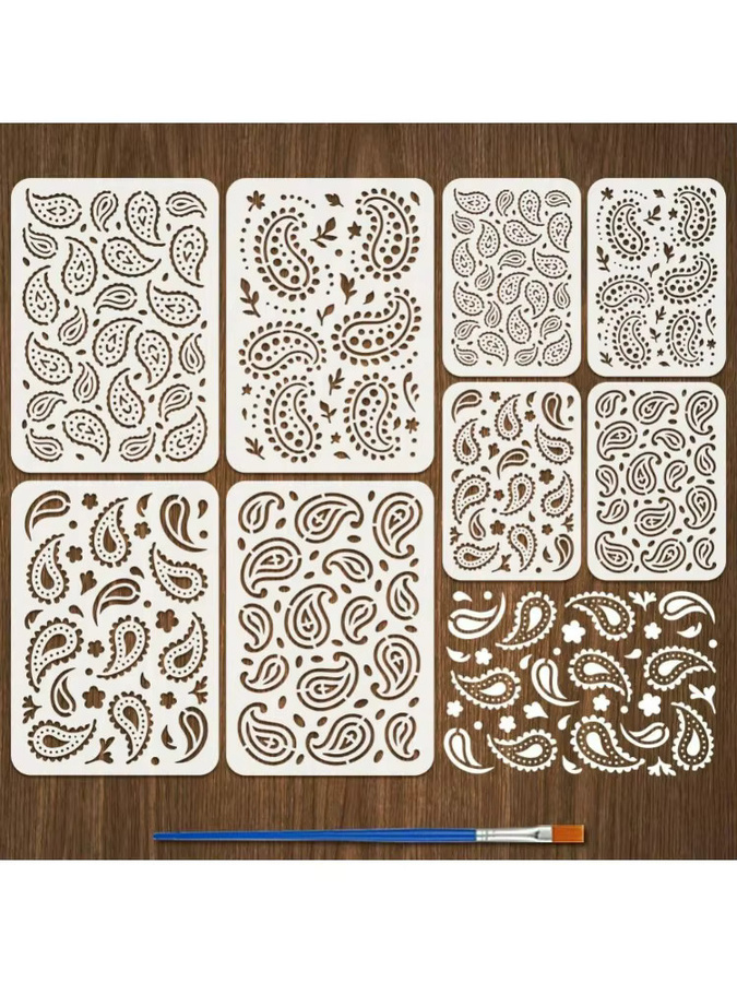 8 Stück Paisley-Muster-Malschablonen Set mit Pinsel, 8 verschiedene DIY-Designs mit Blumenmotiven aus Kunststoff zur dekorativen Gestaltung - Bild 4