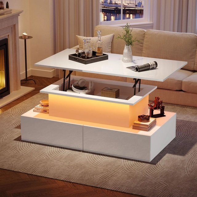 Merax Couchtisch in Weiß mit Hochglanz-Finish, LED-Beleuchtung, Lift-Mechanismus und ausziehbarer Funktion für dein Wohnzimmer - Bild 1