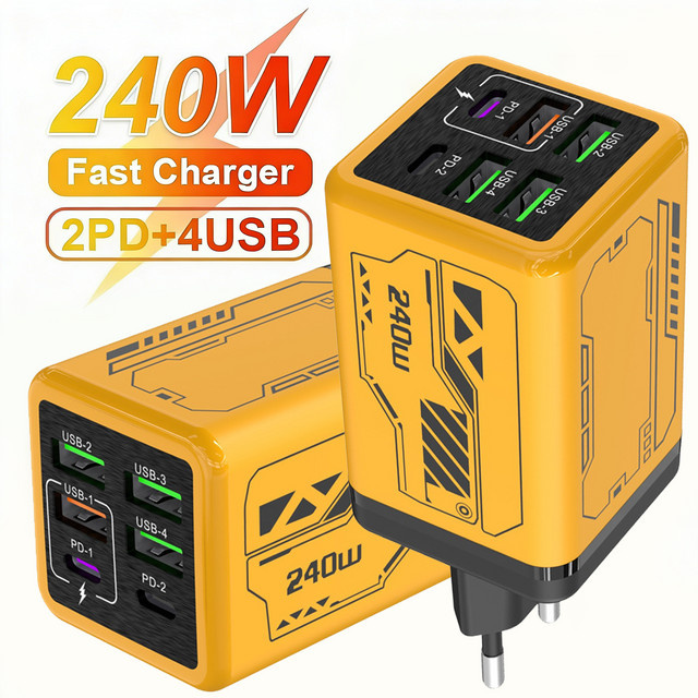 6-in-1 240W USB-C Ladegerät mit PD Schnellladung und Quick Charge 3.0 Wandadapter in Gelb - Bild 1