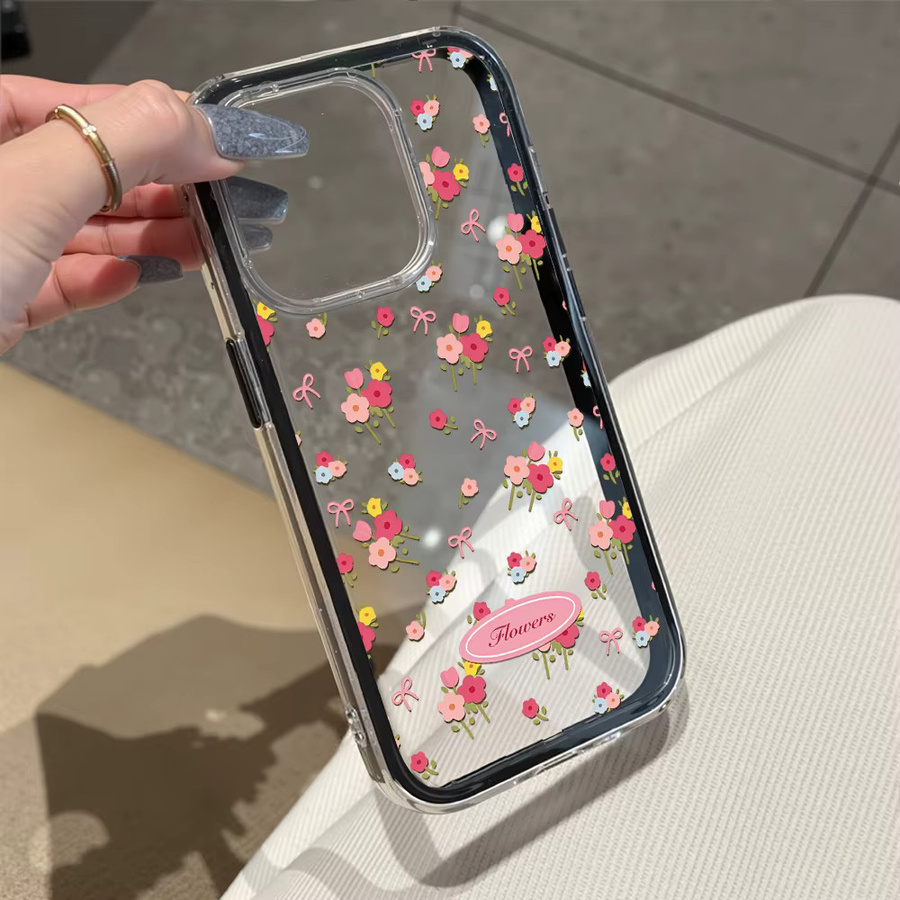 Koreanische Blumen-Handyhülle für Apple iPhone 11 12 13 14 15 16 17 Pro Max Air, transparente weiche Rückseite in Pink und Multicolour - Bild 4