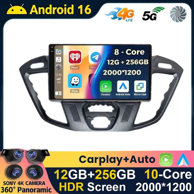 Junda Navi Android 16 Autoradio mit QLED-Display und GPS Navigation für Ford Tourneo Custom I und Transit 2012 - 2021 in Schwarz mit Carplay und Multimedia-Funktionen - Bild 1