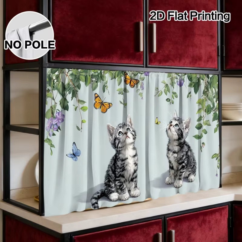 VIKAMA Küchenschrankvorhang mit Katzenmotiv und Schmetterlingen, Mehrfarbig - Bild 2