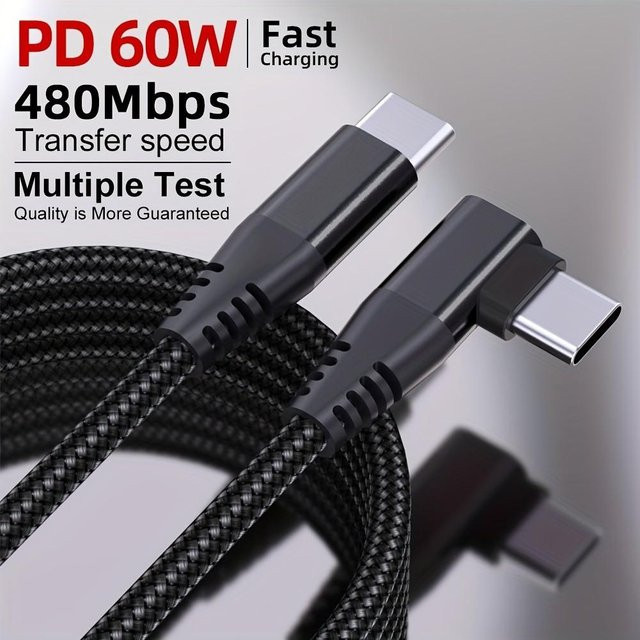 LAIHONEN USB-C zu C Datenkabel mit 90 Grad Winkel, 60W PD Schnellladung und Nylon-Ummantelung, Schwarz oder Grau - Bild 1