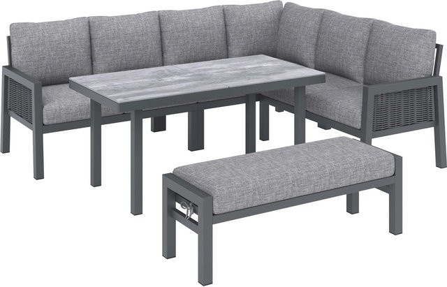 okwish Garten-Essgruppe in Grau mit Glastischplatte und handgefertigtem PE-Geflechtseil im industriellen Stil, B/T/H: 235 x 140 x 70 cm - Bild 1