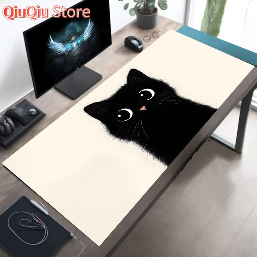 Potdemiel XXL Mauspad im schwarzen Katzen-Design, rutschfeste Schreibtischunterlage mit genähten Kanten in Schwarz und Multicolour - Bild 2