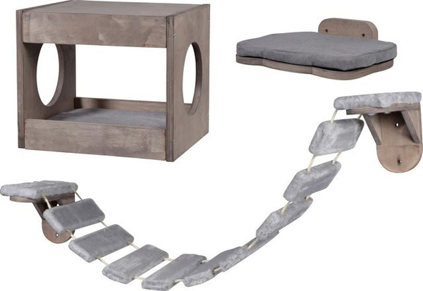 Dobar 3-teiliges Katzenmöbel-Set aus Pappelholz mit Katzenhöhle und Leiter in Braun und Grau, B/T/H: 35 x 30 x 30 cm