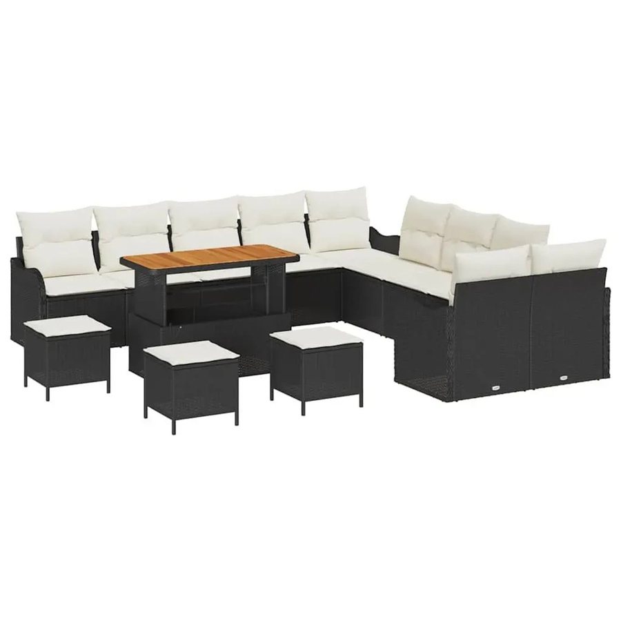 vidaXL Garten-Sofa-Set 14-teilig aus Poly-Rattan und Akazienholz in Schwarz-Creme mit Polstern und Tisch - Bild 2