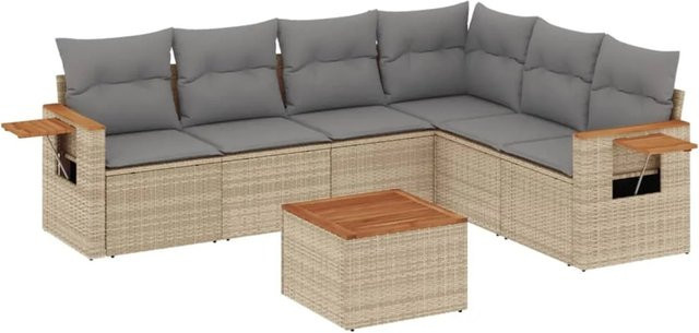 vidaXL 7-teilige Garten-Sofagarnitur aus Poly-Rattan und Akazienholz in Beige mit Kissen - Bild 1