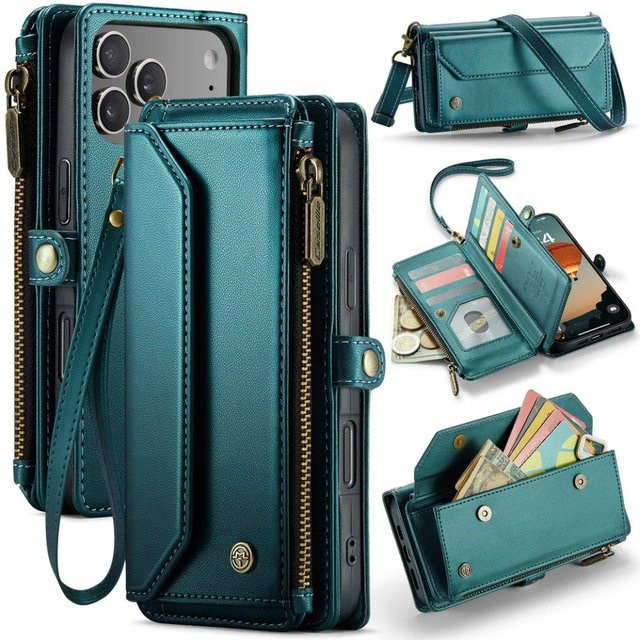 Mellow Home Lederhülle mit Crossbody-Gurt und RFID-Schutz für iPhone 17 Pro Max, iPhone 17 Pro und iPhone 17 Air, Geldbörse mit Reißverschluss und 10 Kartenfächern, Blau - Bild 1