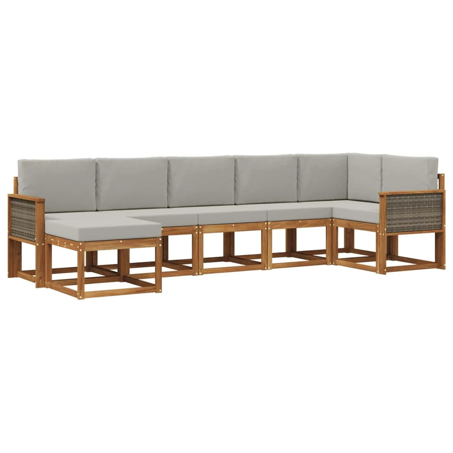 vidaXL Outdoor-Sofagarnitur aus Massivholz Akazie in L-Form, 7-teiliges Set mit hellgrauen UV-beständigen Polyester-Kissen, Natur und Hellgrau - Bild 2