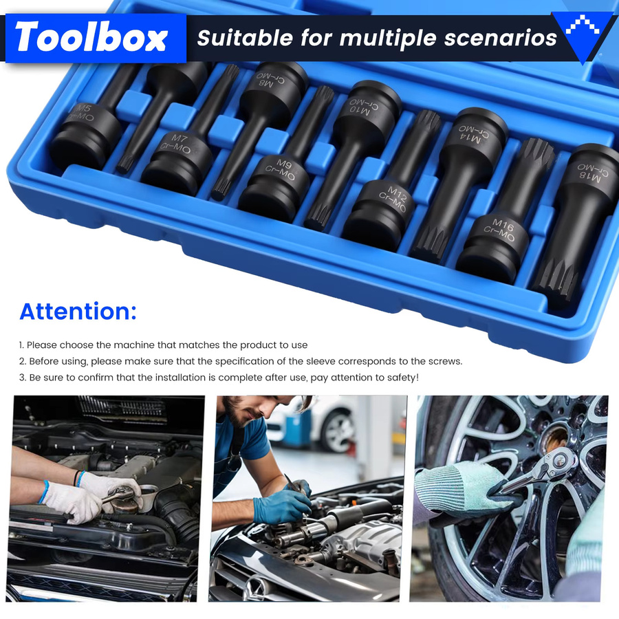 Podofo Sechskant-Steckschlüsselsatz aus Kohlenstoffstahl mit 1/2-Zoll-Antrieb, Schlagschlüsselsatz M5-M18 für manuelle Schraubenschlüssel - Bild 2