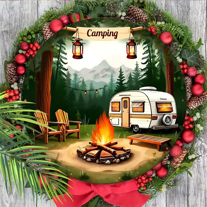 Rundes Vintage-Wandschild aus Metall von Potdemiel mit Camping-Motiv, Durchmesser: 20,3 cm, Mehrfarbig - Bild 5