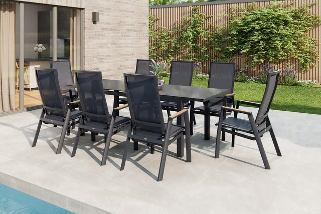 Siena Garden Miros/Rondo Garten-Essgruppe in Anthrazit mit Ausziehtisch und 8 Stapelsesseln aus Aluminium und Ranotex-Gewebe, Tisch B: 180 bis 240 cm, B: 90 cm - Bild 1