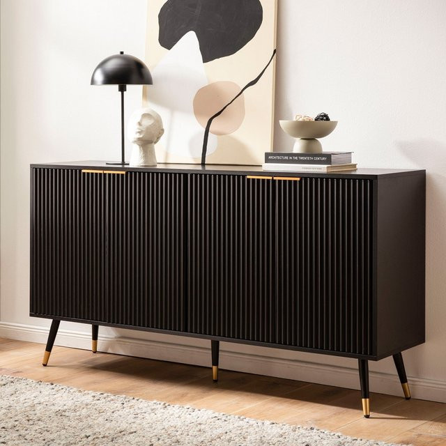 Finebuy Sideboard in Schwarz mit Lamellenoptik aus MDF, Kommode mit 4 Türen, Breite: 150 cm, Höhe: 81 cm, Tiefe: 39 cm - Bild 1