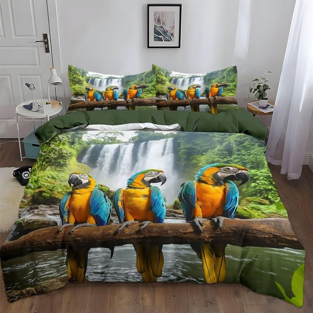 JMG Household Supplies Bettwäsche-Set Papagei mit Tropischem Palmblatt-Design, Mikrofaser, Mehrfarbig, Bettbezug 140 x 200 cm und 2 Kissenbezüge 50 x 70 cm - Bild 1