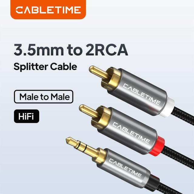 CABLETIME RCA-Audioadapter 3,5mm Klinke auf 2RCA in Schwarz und Grau für TV-Box, Verstärker und Lautsprecher - Bild 1