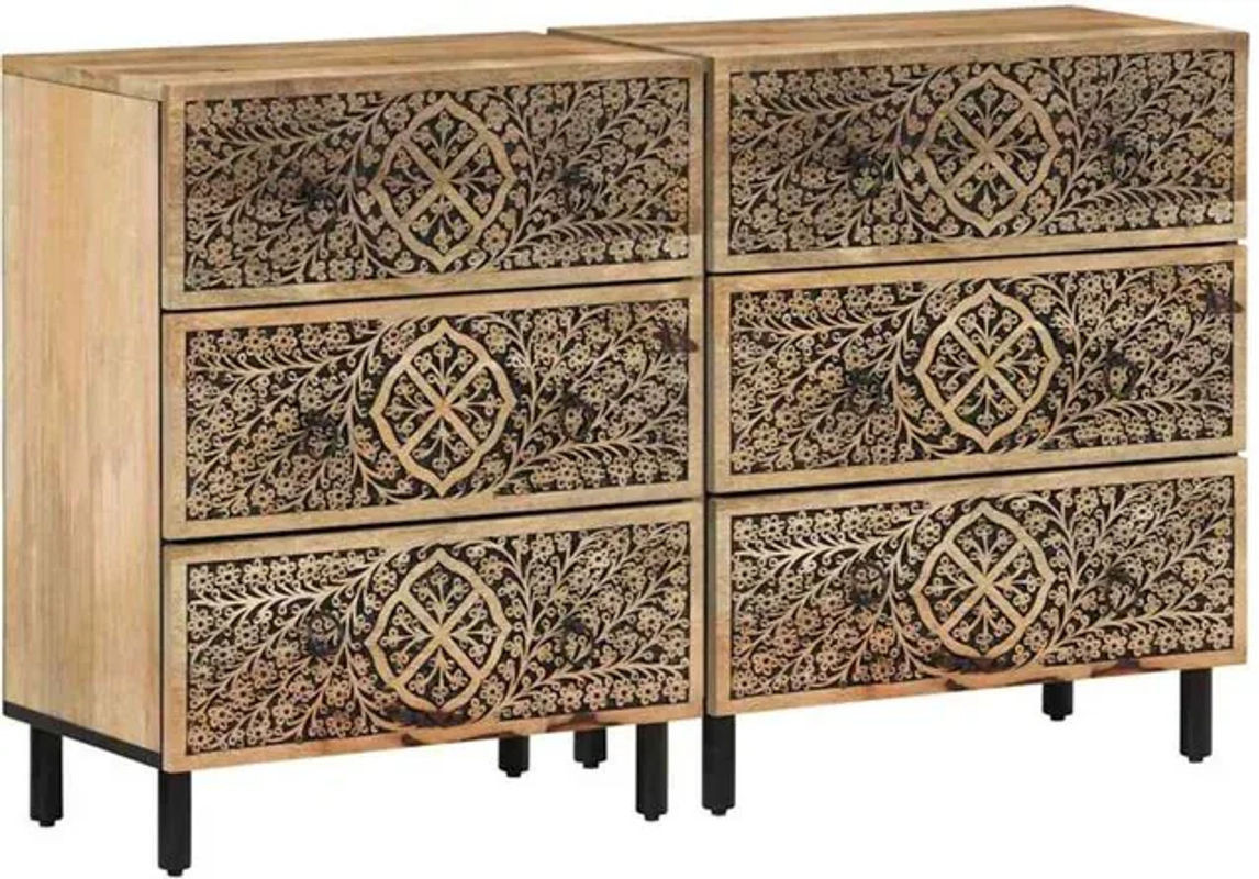 VIDAXL Beistellschränke 2er Set aus Massivholz Mango in Natur und Braun im Retro Bohemian Stil B/T/H: 60 x 33 x 75 cm - Bild 1