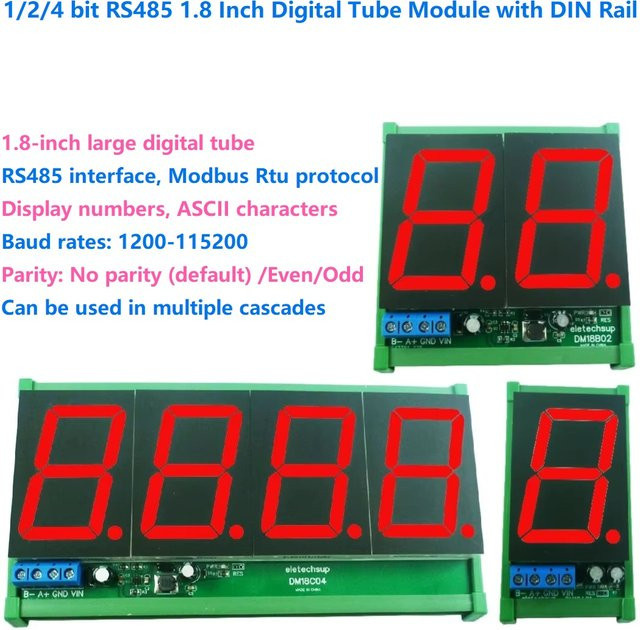 eletechsup ASCII-Zeichen Anzeigemodul mit 1,8 Zoll LED-Display, RS485 Modbus RTU Schnittstelle, DC 12V 24V, im DIN-Gehäuse für PLC-Anwendungen - Bild 1