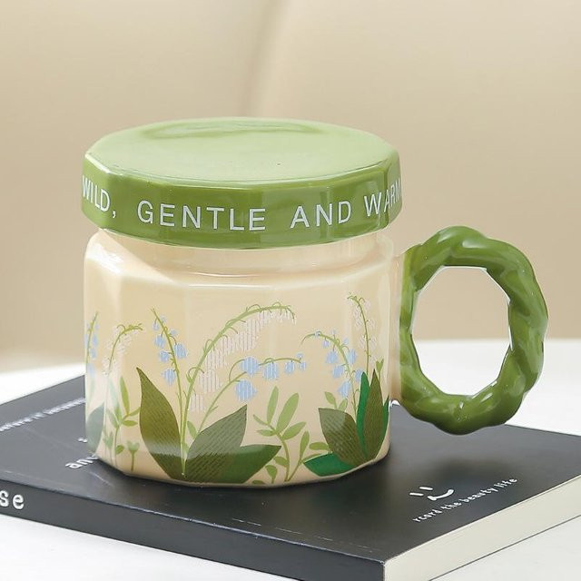 Florale Keramiktasse mit Deckel von Yiran bag, mikrowellengeeignet, 400 ml, in verschiedenen Farben erhältlich - Bild 1