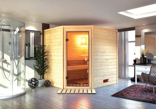 KARIBU Sauna Kaave aus nordischem Fichtenholz für 3 Personen, beige, B/T/H: 196 x 169 x 187 cm - Bild 1