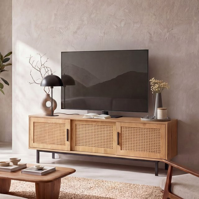 Lowboard FineBuy TV Schrank aus Eiche Holz mit Wiener Geflecht in Braun, B: 120 cm, H: 40 cm, T: 45,5 cm - Bild 1