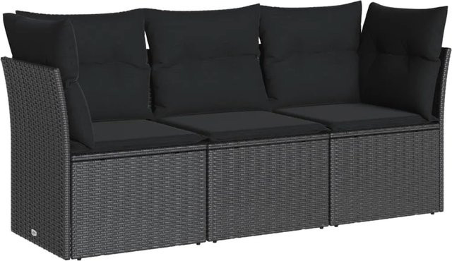 vidaXL 3-tlg Garten-Sofagarnitur in L-Form mit Kissen, Schwarz, Poly Rattan und Metallrahmen - Bild 1