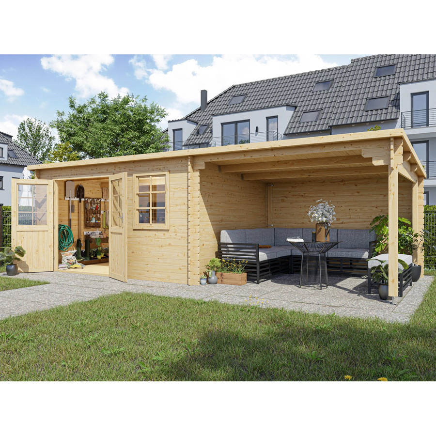 Woodtex Gartenhaus Blockbohlenhaus CA2987 mit 3 m Anbau, Naturbelassen, Braun - Bild 2