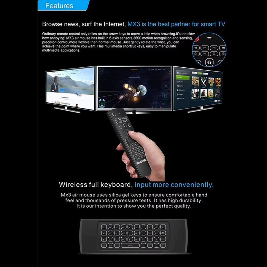 MRSVI MX3 Air Mouse Drahtlose Mini Tastatur mit 2,4 GHz, Sprachsteuerung und Hintergrundbeleuchtung, IR-Lernen, Schwarz, für PC, Android und Smart TV - Bild 5