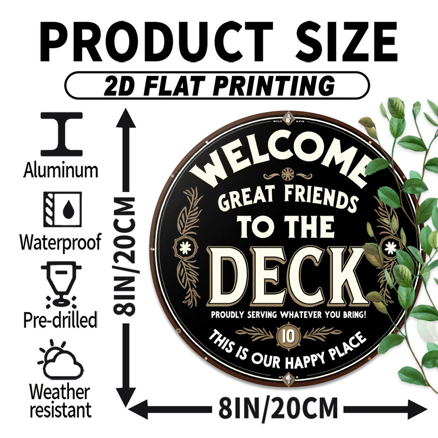Potdemiel Vintage Willkommensschild Welcome Great Friends to Our Deck aus Aluminium-Metall in Schwarz und Gold, Durchmesser: 20 cm - Bild 3