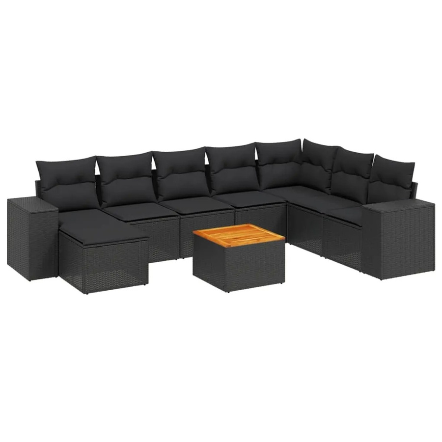 vidaXL 9-teilige Garten-Sofagarnitur aus Poly-Rattan und Akazienholz in Schwarz mit Kissen - Bild 2