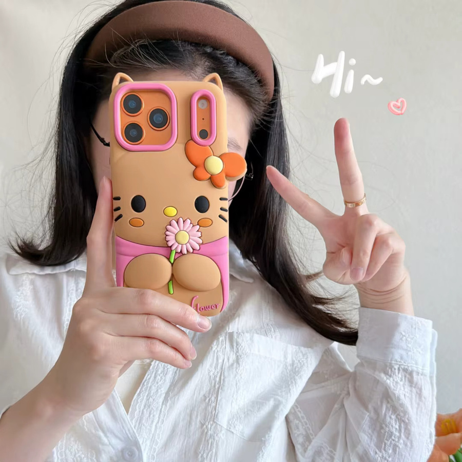 Sanrio Hello Kitty Silikon Handyhülle mit 3D Blumen und Schlaufe für iPhone 12 bis 17 Pro Max Plus, Mehrfarbig - Bild 1