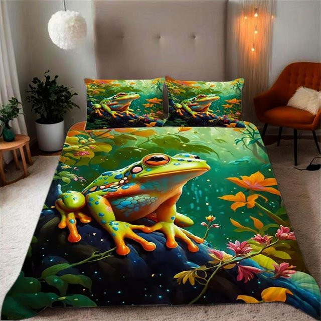 Frosch Bettwäsche Set für Kinder mit grünem Frosch- und Pilzmotiv aus Mikrofaser, B/H: 140 x 200 cm - Bild 1