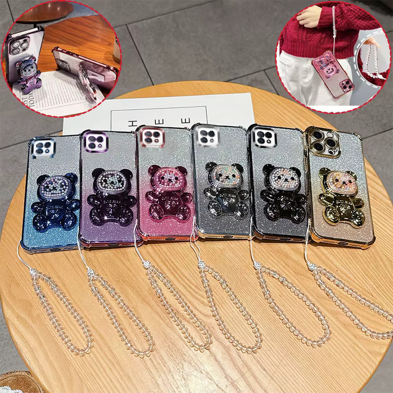 Stoßfeste Handyhülle für Oppo A73 A72 A53 5G mit 3D-Bär-Ständer, Glitzer und Kristallketten-Lanyard in Pink - Bild 2