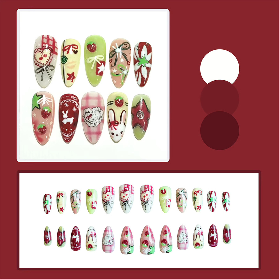 YADORNOS Künstliche Nägel, Mandelform, Erdbeer-Hasen-Design, Glänzend, 24 Stück - Bild 2