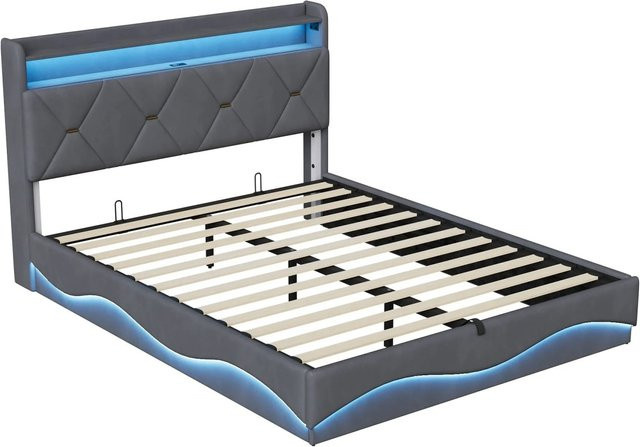 PXloue Polsterbett aus Samt mit Stauraum und LED-Beleuchtung sowie USB-Anschluss, Grau, B/T/H: 160 x 200 x 141 cm - Bild 1
