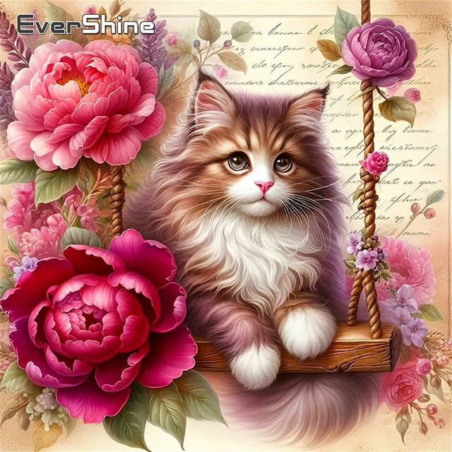 Evershine Kreuzstich-Set Katze mit Chrysanthemen in Multicolour, Stickerei-Bastelset für deine Heimdekoration, B/B/B: 30,0 x 30,0 x 30,0 cm - Bild 1