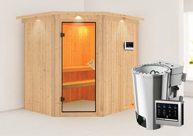 Karibu Sauna Livia Bio-Sauna mit BioKombiofen 3.6 kW, externe Steuerung, LED-Dachkranz und Ganzglastür in Bronze, Farbe: Natur, B/T/H: 196 x 170 x 202 cm - Bild 1