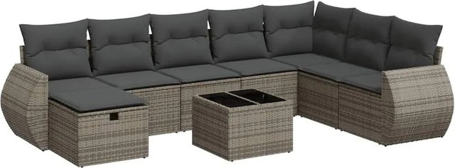 vidaXL 9-tlg. Garten-Sofagarnitur in L-Form aus Polyrattan mit Kissen und Tisch in Grau - Bild 1