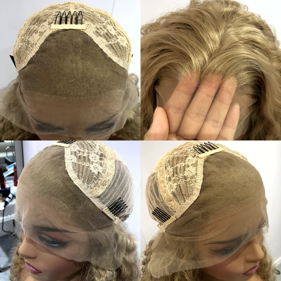 RONGDUOYI Lace-Front-Perücke, synthetisch, aschblond, lange lockige Körperwelle, Damen - Bild 2