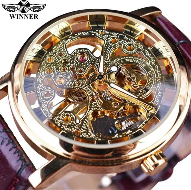 Winner Armbanduhr, Handaufzug, Messing, Gold, Lederarmband, Herren - Bild 1
